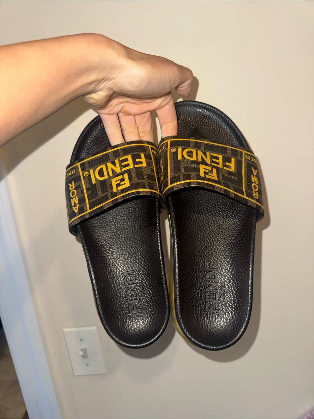 Fendi Black & Yellow Logo FF Leather Slide Sandals